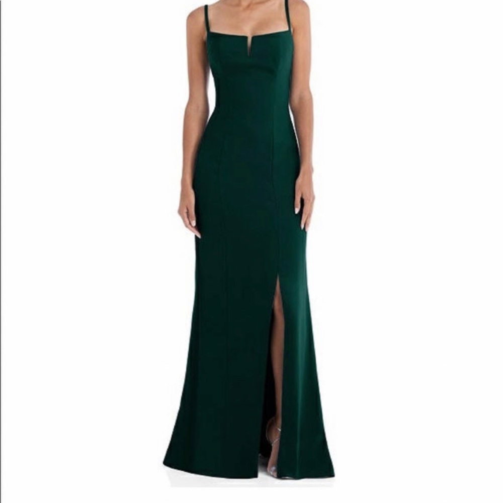 Dessy collection notch crepe trumpet gown with front slit - evergreen